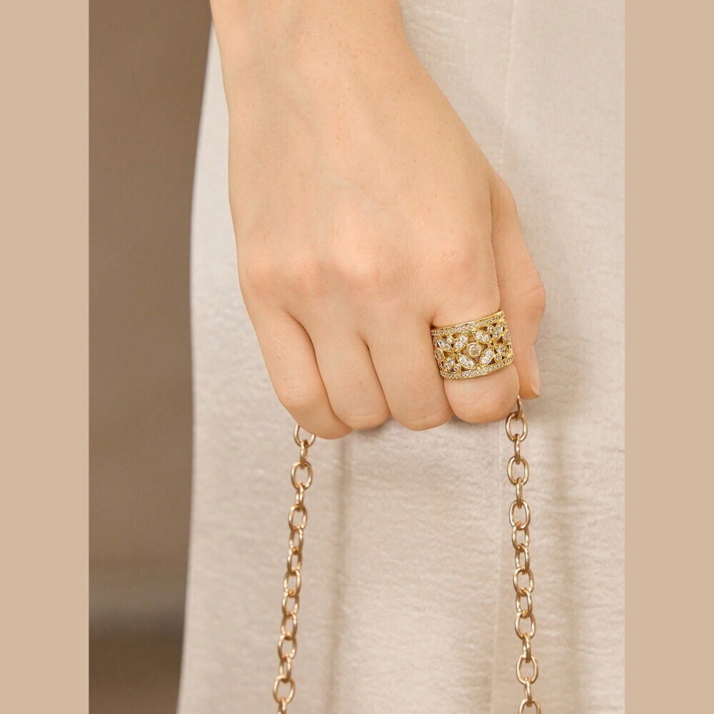 Gold Cutout Filigree Pave Crystal Wide Statement Band Ring